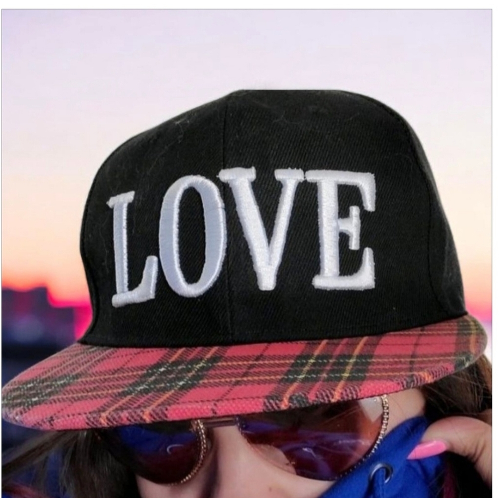 Women's LOVE Black & Red Plaid Baseball Cap